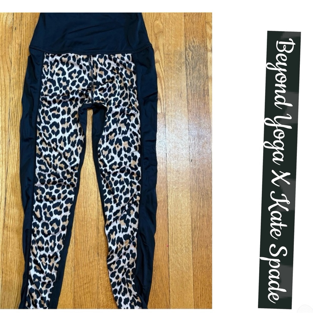 Beyond Yoga X Kate Spade Black and Brown Leopard Print Leggings NWOT